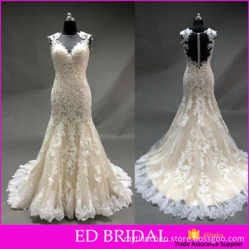 LN227 ED bridal real sample images sexy see through back champagne color appliqued fishtail wedding dress patterns